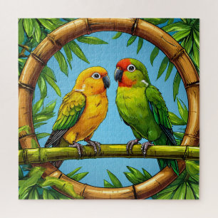Colourful Parrots Perched on a Bamboo Frame Jigsaw Puzzle