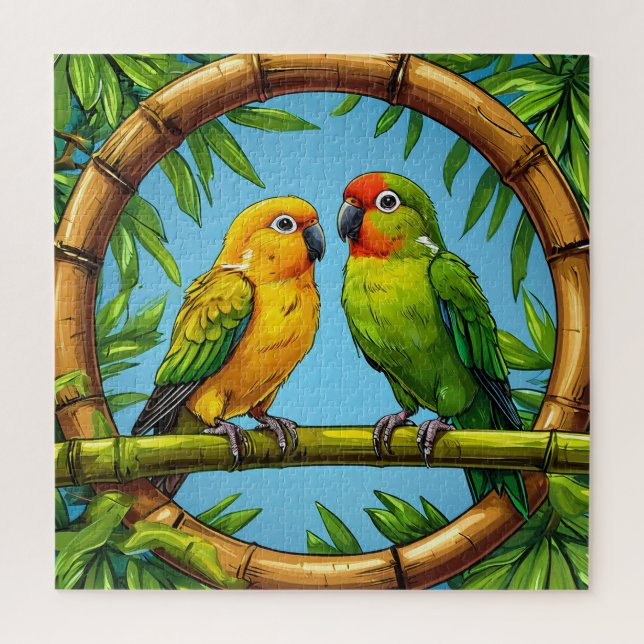 Colourful Parrots Perched on a Bamboo Frame Jigsaw Puzzle (Vertical)