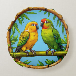 Colourful Parrots Perched on a Bamboo Frame Round Cushion