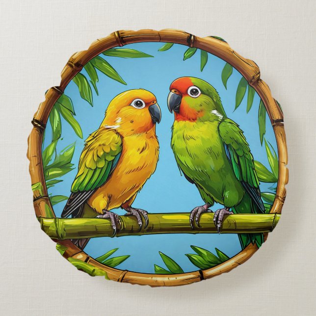 Colourful Parrots Perched on a Bamboo Frame Round Cushion (Front)