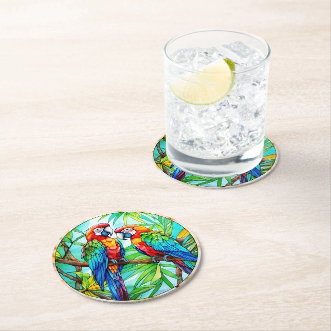 Colourful Parrots Stained Glass Round Paper Coaster (Insitu)