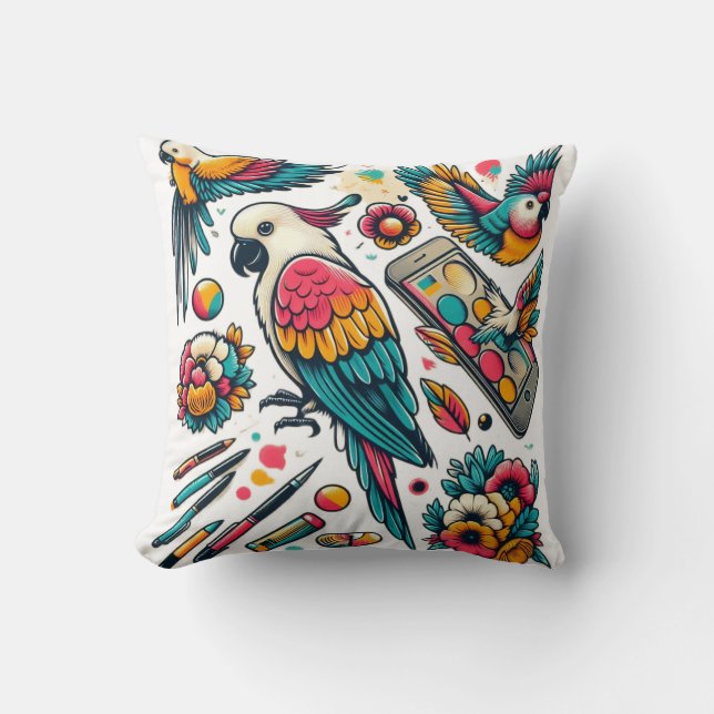 Colourful Parrots Tropical Art Cushion (Front)