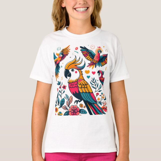 Colourful Parrots Tropical Art T-Shirt (Front)