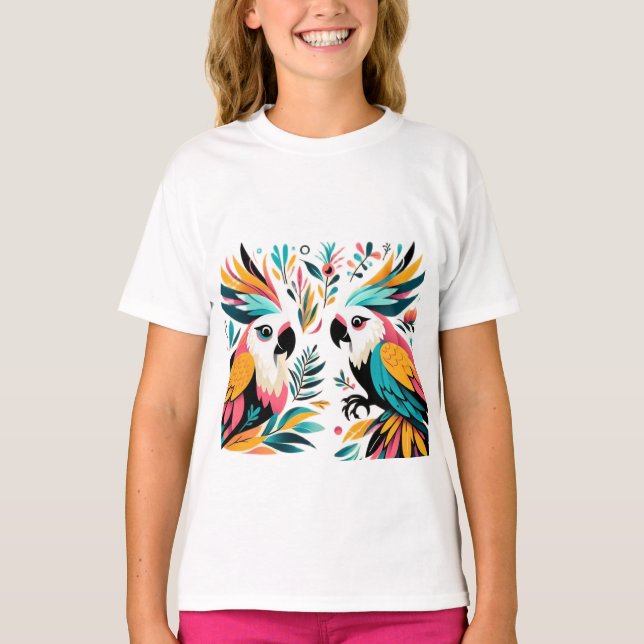 Colourful Parrots Tropical Art T-Shirt (Front)