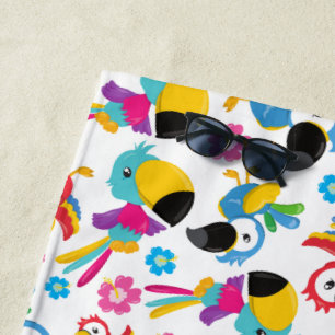 Colourful Parrots, Tropical Parrots, Birds, Flower Beach Towel