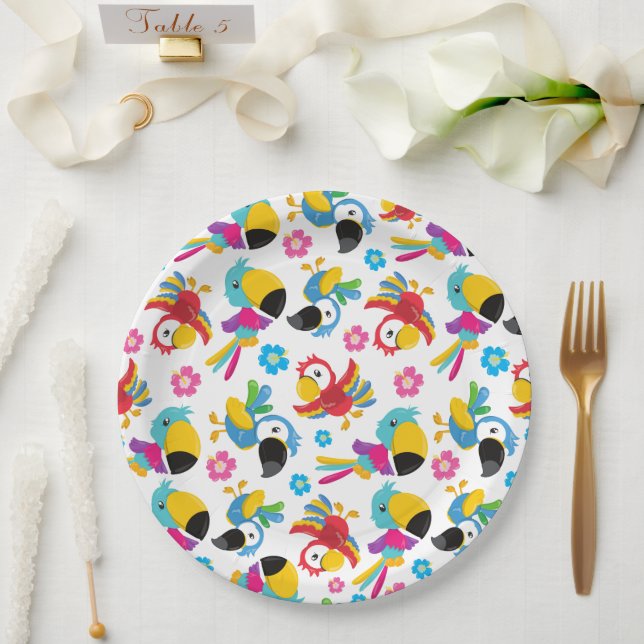 Colourful Parrots, Tropical Parrots, Birds, Flower Paper Plate (Wedding)