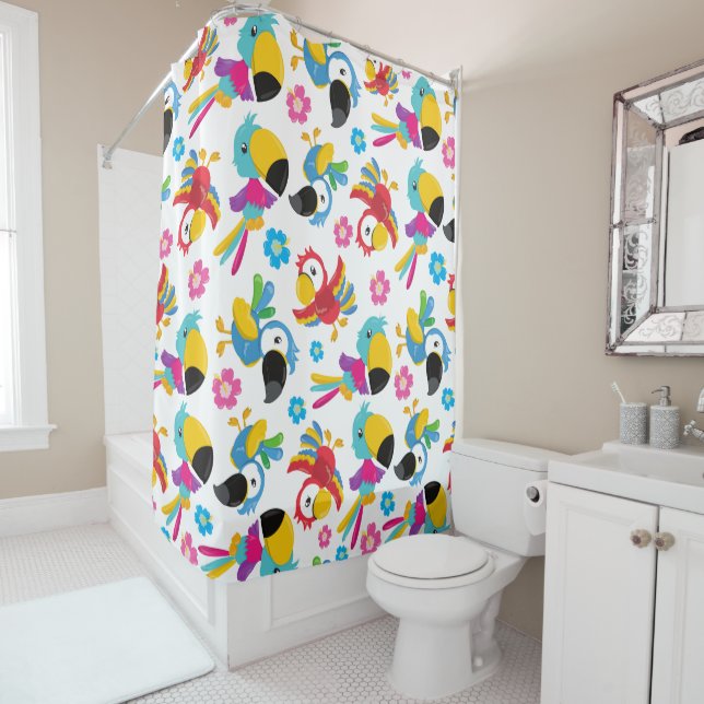 Colourful Parrots, Tropical Parrots, Birds, Flower Shower Curtain (In Situ)