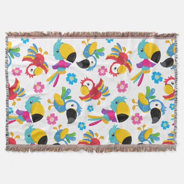 Colourful Parrots, Tropical Parrots, Birds, Flower Throw Blanket (Front)