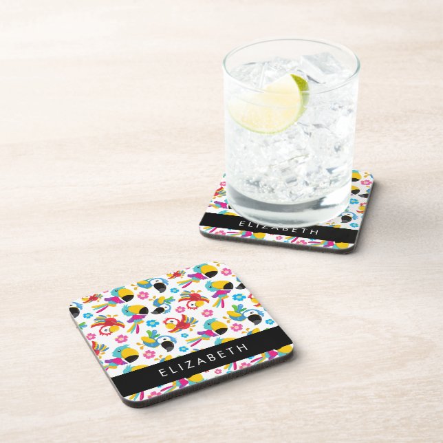 Colourful Parrots, Tropical Parrots, Your Name Coaster (Right Side)