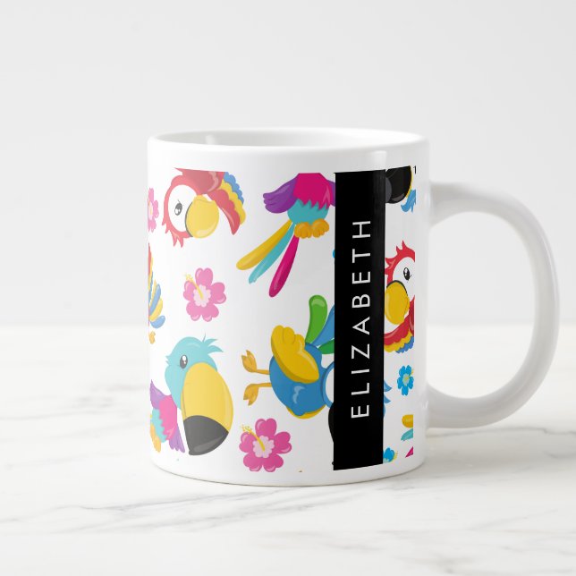 Colourful Parrots, Tropical Parrots, Your Name Large Coffee Mug (Right)