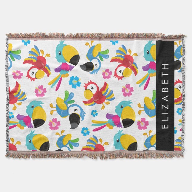 Colourful Parrots, Tropical Parrots, Your Name Throw Blanket (Front)
