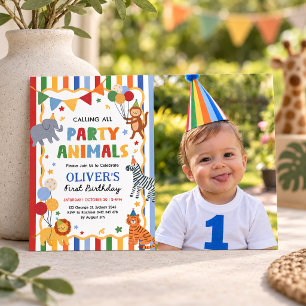 Colourful Party Animals Boy 1st Birthday Photo Invitation