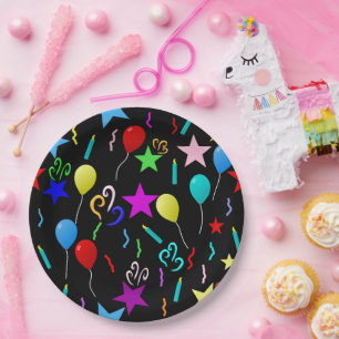 Colourful party balloons and stars paper plate