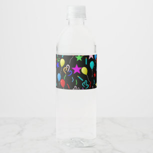 Colourful party balloons and stars water bottle label
