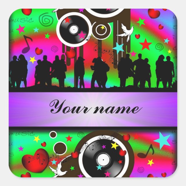 Colourful party people dancing square sticker (Front)