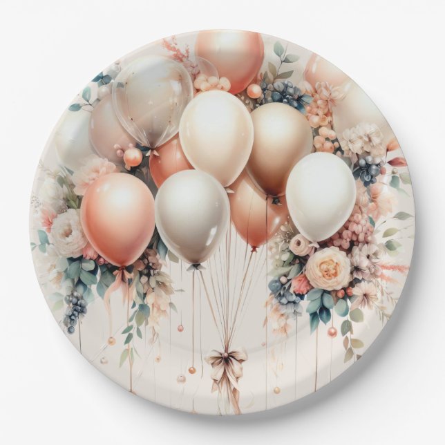 Colourful Party White Peach Floral Balloons Elegan Paper Plate (Front)