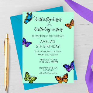 Colourful Pastel Butterfly Kisses Birthday Party Invitation