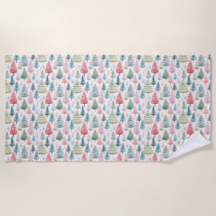Colourful Pastel Christmas Pine Trees Pattern Beach Towel