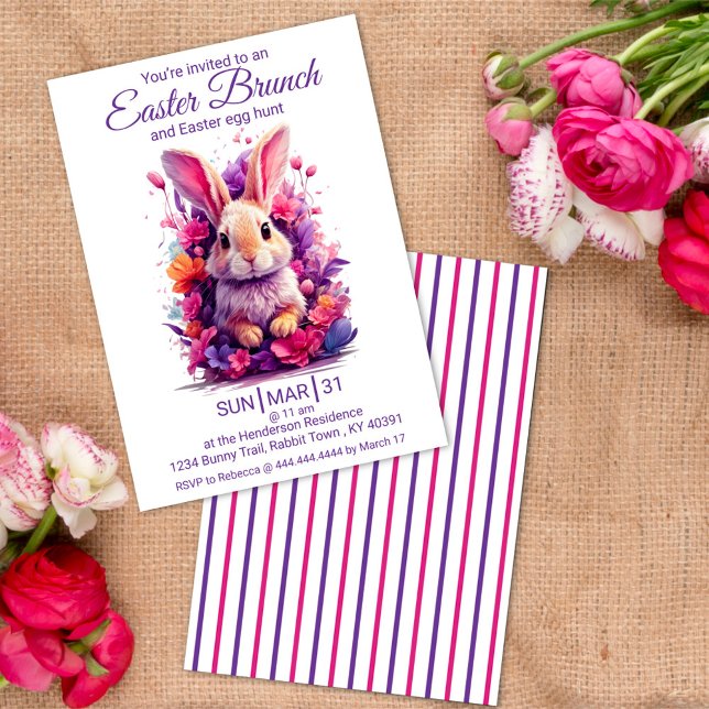 Colourful Pastel Easter Bunny & Watercolor Florals Invitation (Creator Uploaded)