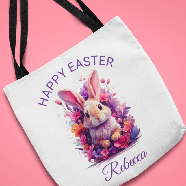 Colourful Pastel Easter Bunny & Watercolor Florals Tote Bag (Creator Uploaded)