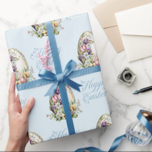 Colourful Pastel Easter Eggs Floral Pattern Blue Wrapping Paper