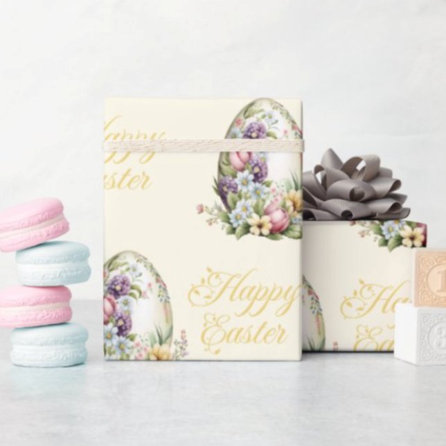 Colourful Pastel Easter Eggs Floral Pattern Yellow Wrapping Paper (Creator Uploaded)