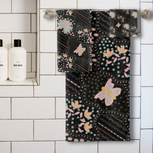 Colourful Pastel Floral Butterflies Batic Pattern Bath Towel Set