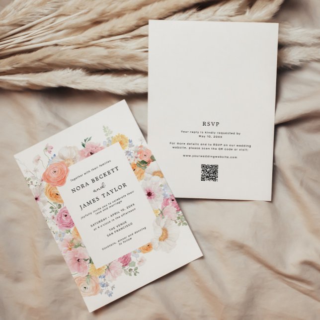 Colourful Pastel Floral Frame QR Code Wedding Invitation (Creator Uploaded)