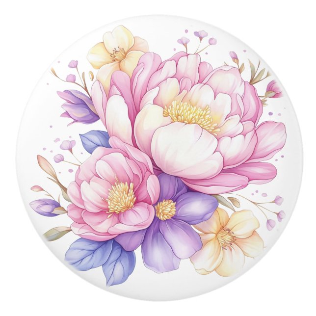 Colourful Pastel Flowers Floral Ceramic Knob (Front)
