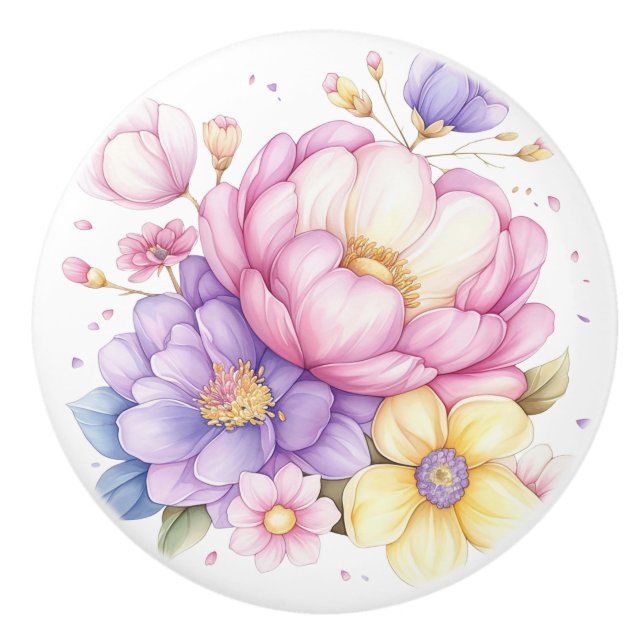 Colourful Pastel Flowers Floral Ceramic Knob (Front)