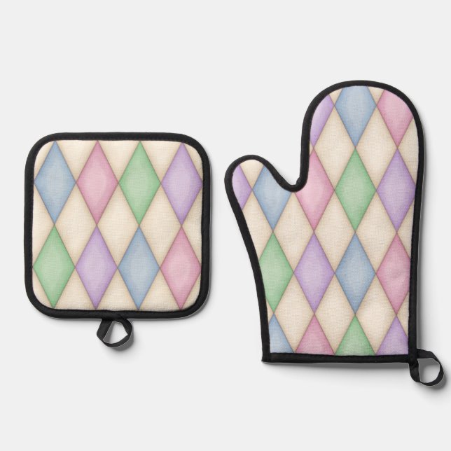 Colourful Pastel Harlequin Oven Mitt & Pot Holder Set (Front)