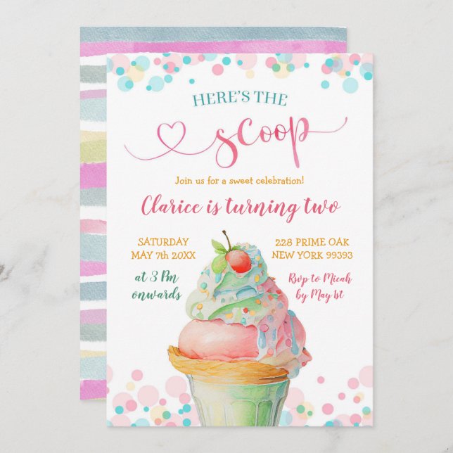 Colourful pastel Here's the Scoop Kid's Birthday Invitation (Front/Back)