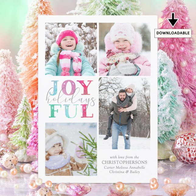 Colourful Pastel JOYFUL HOLIDAYS 4 Photos Holiday Card (Creator Uploaded)