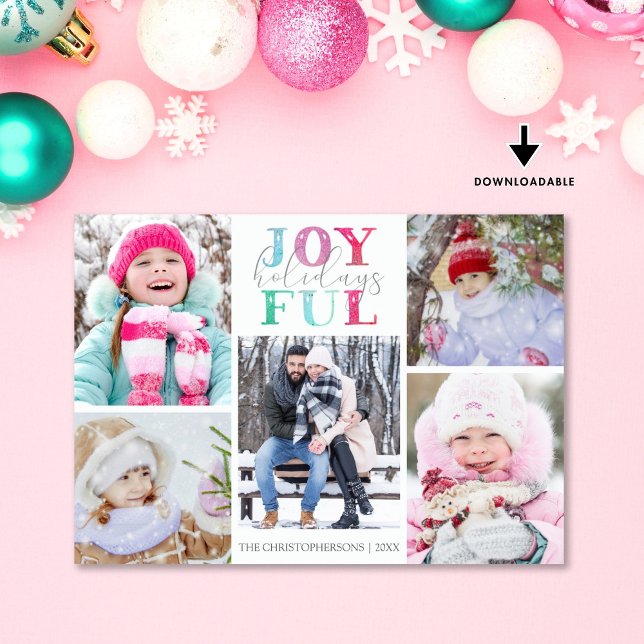 Colourful Pastel JOYFUL HOLIDAYS 5 Photos Holiday Card (Creator Uploaded)