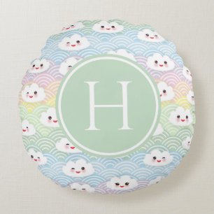 Colourful Pastel Kawaii Clouds Pattern Monogram Round Cushion