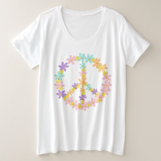 Colourful Pastel Mermaid Colours Floral Peace Sign Plus Size T-Shirt (Design Front)