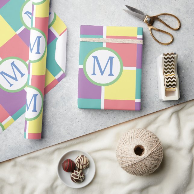 Colourful Pastel Modern Custom Monogram Initial Wrapping Paper (Crafts)