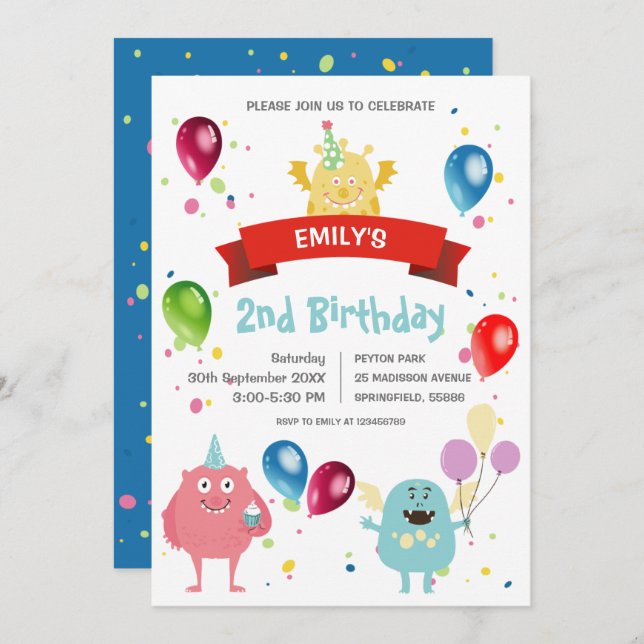 Colourful Pastel Monster Bash Balloon Kids Birthda Invitation (Front/Back)
