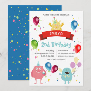 Colourful Pastel Monster Bash Balloon Kids Birthda Invitation