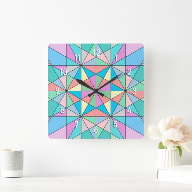 Colourful Pastel Mosaic Triangle Star Pattern Square Wall Clock (Home)