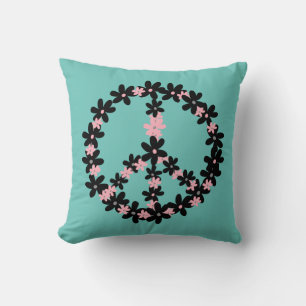 Colourful Pastel Pink Black Floral Peace Sign   Cushion