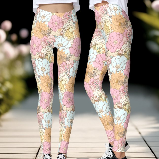 Colourful Pastel Pink Floral Pattern Leggings (Colorful Pastel Pink Floral Pattern Leggings)