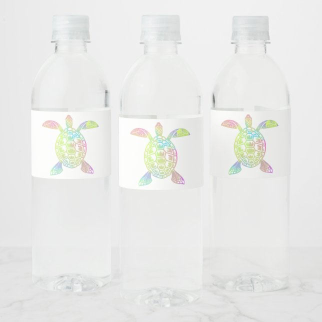 Colourful pastel rainbow sea turtle water bottle label (Bottles)