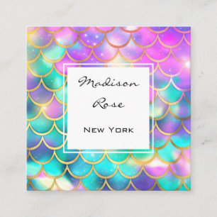 Colourful Pastel Rainbow Unicorn Gold Mermaid Scal Square Business Card