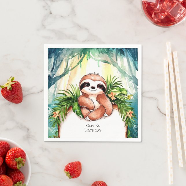 Colourful Pastel Sloth Birthday Napkin (Insitu)