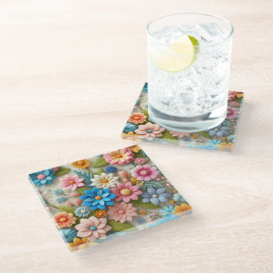Colourful Pastel Spring 3D Felt Floral Art Glass Coaster