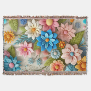 Colourful Pastel Spring 3D Felt Floral Art Throw Blanket