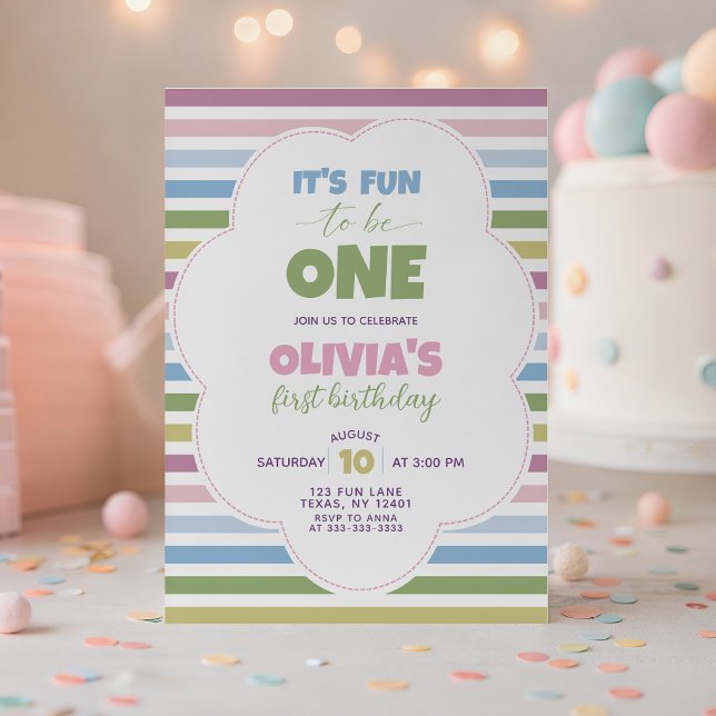 Colourful Pastel Striped 1st Birthday Invite (Creator Uploaded)