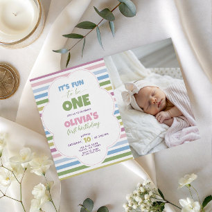 Colourful Pastel Striped Photo 1st Birthday Invite