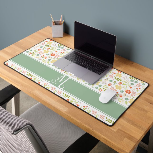 Colourful Pastel Stylised Flower Pattern Monogram  Desk Mat (Office 2)